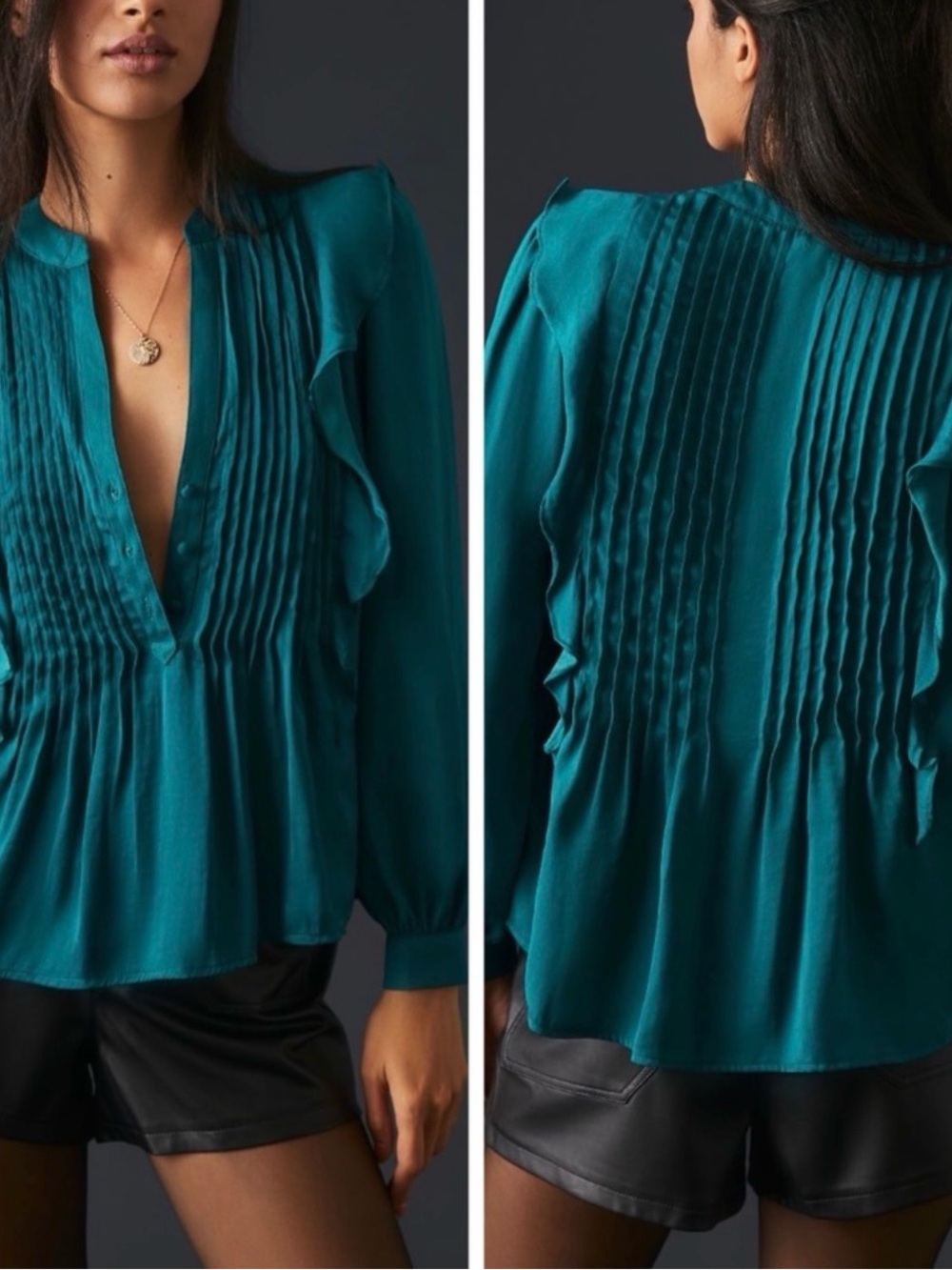 Anthropologie Teal Pintuck Ruffle V-Neck Blouse